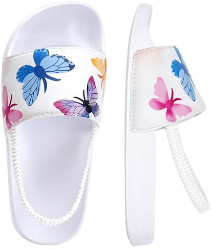 Torotto Unisex-Kinder Badeschlappen Sommer Flache Hausschuhe Badesandalen rutschfest Schlappen Badeschuhe(Weißer Schmetterling, 26/27EU)