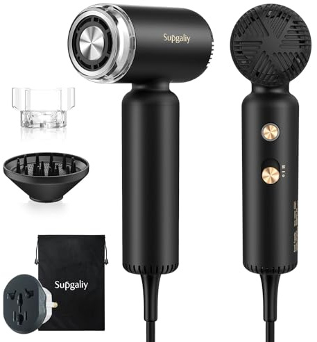 SUPGALIY Dual Voltage Travel Hair Dryer, Mini High-Speed Blow Dryer for Fast Drying, Ionic Hairdryer with Diffuser Gift Women, Lightweight Compact Portable,Quiet,European International 100-240V,Black