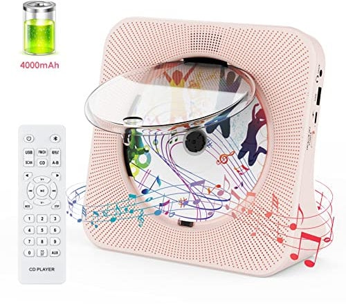 Qoosea Bluetooth CD Player with 4000mAh Rechargeable Battery Portable Desktop CD Player for Home CD Players with Speakers Remote Control LCD Display FM Radio Timer USB AUX Headphone Port Pink
