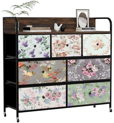 COMHOMA Chest of Drawers, Bedroom Drawers with 7 Drawers, Flower Printing Fabric Dresser Cabinet with Wood Top and Large Storage Space Closet Storage Drawer for Entryway Living Room (Flower)