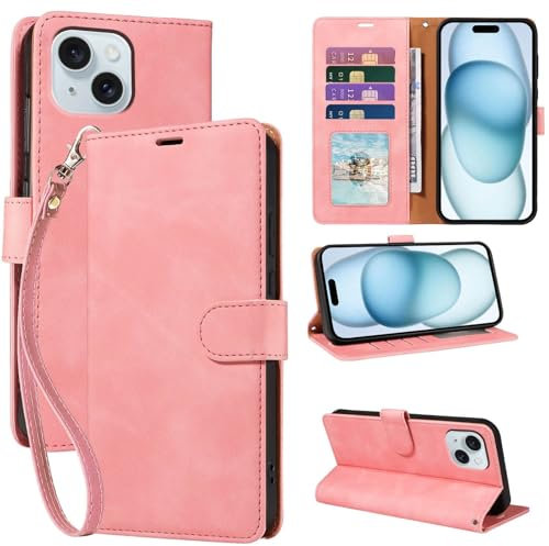 GOTOURED for iPhone 15 Phone Case Wallet, RFID Blocking 4 Card Slots, Wrist Strap, Kickstand, Magnetic Closure, Shockproof Protective Soft Leather Flip Cover for iPhone 15 Case (Pink)