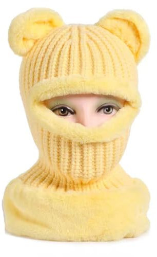 WUODHTW Sturmhaube, Gesichtsmaske, Beanie, Winterschal, Ohrenschützer, Set, Strickmütze, Ohren, lustige Mütze, warm, gestrickt, Kaninchen, Häkelmütze, gelb, Einheitsgröße