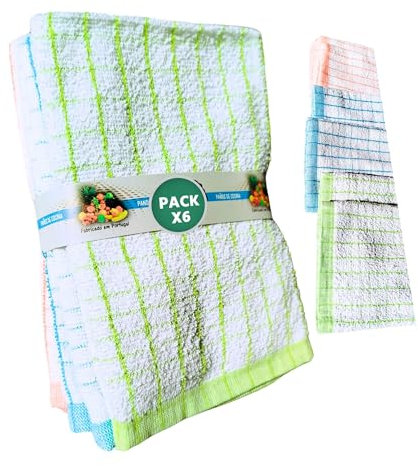 Paños De Cocina. Trapos De Cocina y hogar Absorbentes. Algodón 100% Hechos En Portugal. 6 Paños De Cocina Rizo Multicolor De 50x50 Cm, Pack 6 Unidades. (6, Rayas azul verde naranja)