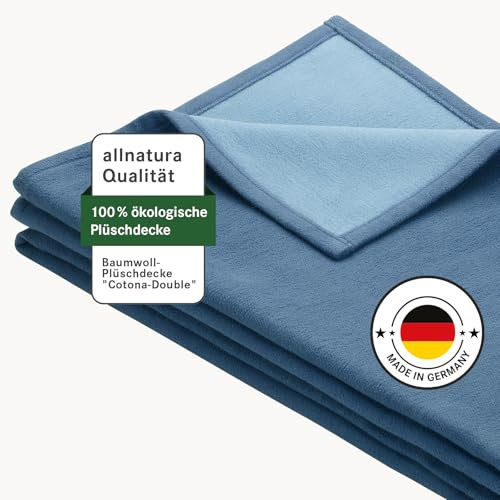 allnatura Flauschige Sommer Baumwoll-Plüschdecke Cotona-Double 140x200 cm in Blau, Made in Germany - große GOTS-zertifizierte Sofadecke 100% Bio-Baumwolle - waschmaschinenfeste Wohndecke Couchdecke