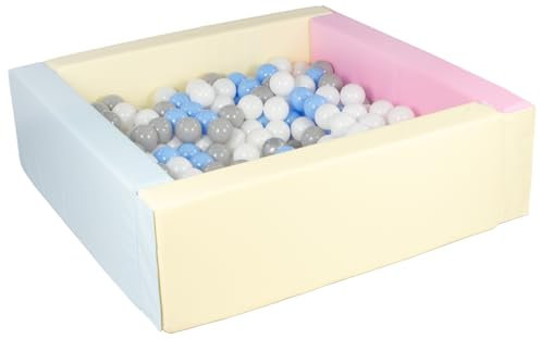 Velinda Piscine à balles carrée avec 300 balles, Cuir écologique, 5 éléments (Couleur de la Piscine/de balles: Rose, Bleu, Jaune (Pastel)/Blanc, Bleu Clair, Gris)