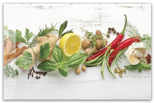 Herdabdeckplatte 80x52 cm ESG Glas | Kräuter Zitrone Vintage Shabby Chilli Chillischote | Herd Abdeckung für Ceranfeld Schneidebrett Glasplatte Induktion