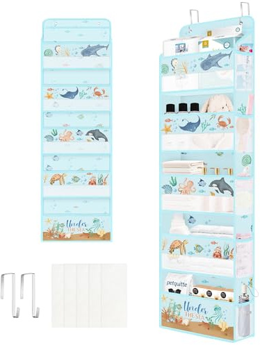 Clastyle Ocean Animals Over the Door Organizer Fish Nursery Hanging Storage Organizer for Kids Clothes Diaper Toy Closet Door Hanging Shelf Storage for Bedroom Bathroom Pantry, Turtle, 5-Tier