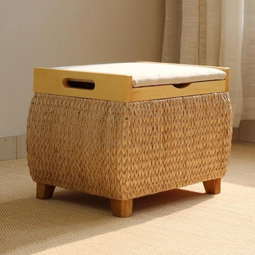 Rattan-Stauraum-Ottomane, Fußstütze, Schminkhocker, moderner gepolsterter Hocker mit Deckel, Bank, Chaiselongue, Ottomane für Wohnzimmer, Schlafzimmer, Wohnung, Flur, Akzent (Mehrfarbig, 40