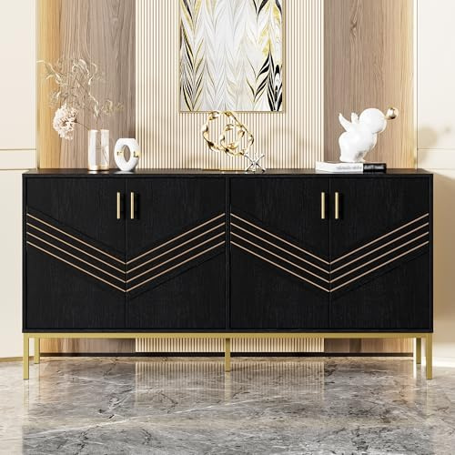 Soweiz Schließfächer Anrichte Sideboard mit 4 Türen, große Kapazität, höhenverstellbare Regale – für Wohnzimmer, Esszimmer & Flur, 160x40x80,5cm (Schwarz+Gold)