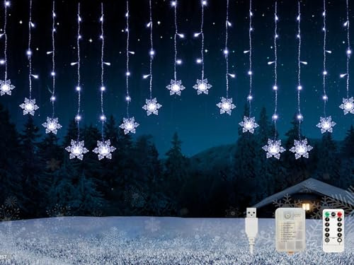 Kuataty Schneeflocken Lichtervorhang 2x1M Lichterkette mit Timer Lichterkettenvorhang Innen mit Batterie/USB, Weihnachtsbeleuchtung Fenster, Lichterketten Vorhang (Kaltweiß)