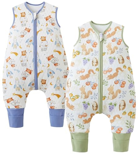 Chilsuessy Baby Ganzjahres Schlafsack mit Füßen 1.5 Tog 2er Pack Kleinkind Schlafsack mit Beinen Baumwolle, 1.5 Tog/Bär + Eichhörnchen, 100cm/Baby Höhe 110-120cm