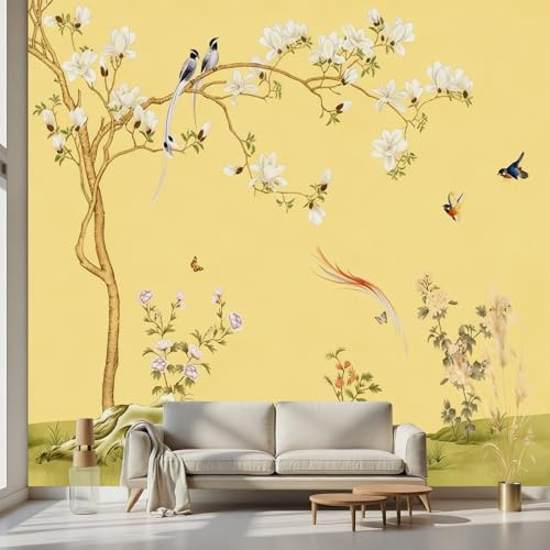Kioldoq Vogel Blüten Tapete 200x300 cm, Tier Blumenmuster Fototapete | Gelbe Magnolie Tapeten Selbstklebende Wandtapete Kinderzimmer Wanddeko Motivtapeten Schlafzimmer Wohnzimmer