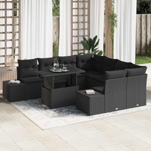 Kaloriko Modulares Garten Sofa Set mit Kissen, 9-teilig, Schwarz Poly-Rattan, Höhenverstellbarer Tisch, Wetterfest für Terrasse, Balkon, Garten