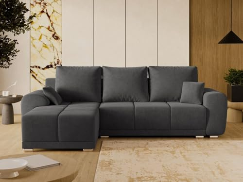 GRAINGOLD Monti Ecksofa mit Schlaffunktion und Bettfunktion, 290x188 cm, L-Form Sofa, Schlafcouch für Wohnzimmer, Veloursstoff, 3-Sitzer Eckcouch, Ecksofa mit Stauraum (Anthrazit, Links)