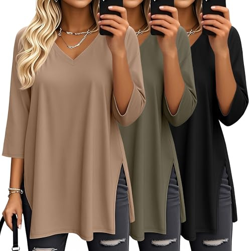 Suilung 3 Tops Femme Oversize Manches 3/4 Col V | Tuniques À Fentes Latérales, T-shirts Amples, Vêtements Respirants, Hauts DécontractéS, Tenue Superposée, Mode Automne