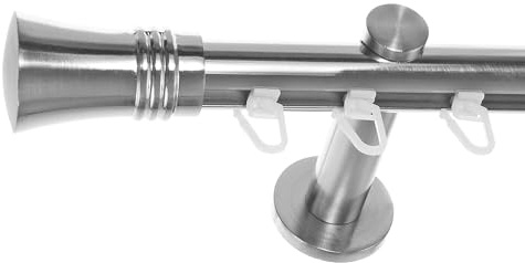 BASIT Gardinenstange Innenlauf Edelstahllook 20mm 1-läufig Wand 160cm H30 | Gardinenstangenset einläufig Wandmontage Metall Vorhangstange Wandhalterung 120-600cm wählbar Kappe Knauf E86