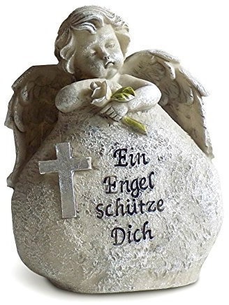 Grabschmuck Engel auf Grabstein mit Trauerspruch aus Polyresin grau, 14 cm, Deko Figur Schutzengel Grabfigur Engelfigur Grabdekoration