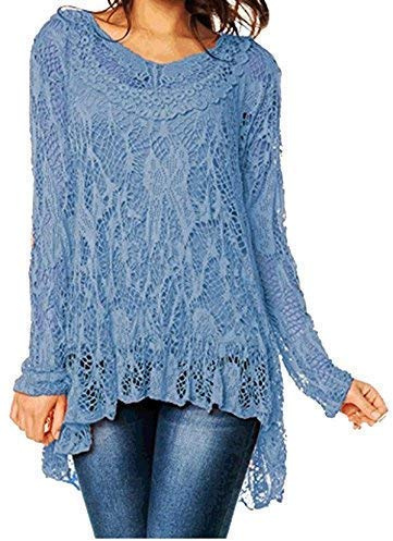 R33 Celebmodelook ® New Womens Ladies Dip Hem Crochet Mesh Tunic Plus Size Vest Twin Top Italian Lagenlook Lace Tunic Long Sleeve Dress. (UK20, Denim)