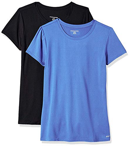 Amazon Essentials Women's Active Quick Dry Tech Stretch Short-Sleeve Crewneck T-Shirt (Available in Plus Size), Pack of 2, Black/Bright Blue, S
