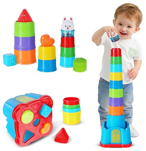 iPlay, iLearn Baby Stacking Cup Toy, Toddler Stackable Block w/Shape Sorter