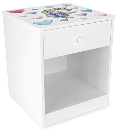 Leomark Holz-Kinder-Nachttisch mit Schublade, Einhorn-Motiv, Beistelltisch