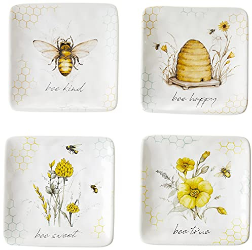 Bee Sweet 6 Canapé & Luncheon Plates, Set of 4 – Assorted Bee & Floral Designs with Uplifting Sayings, Durable Ceramic Appetizer Plates for Spring Entertaining & Cottagecore Décor