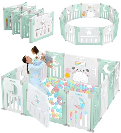 Dripex Laufstall Baby faltbar 150x150x62cm (14 Paneele) mit Spielboard, Laufgitter Baby, Kinderlaufstall & Babyzaun aus strapazierfähigem Plastik, Playpen für Innen & Außen, Grün
