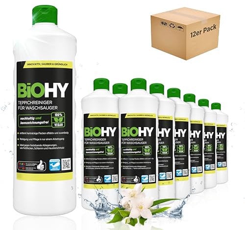 BiOHY Teppichreiniger für Waschsauger (12 x 1 Liter) | geeignet für alle Waschsauger | entfernt Flecken und Schmutz mühelos | Reinigung und Pflege in einem | materialschonend & tierfreundlich