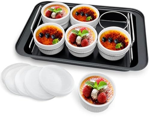 Ramekins Set with 6 Silicone Lids, Mothers Day Gifts Creme Brulee Making Set, Set of 6 Porcelain Ramekins, Oven Safe Covered Bowls & Soufflé Ramiken