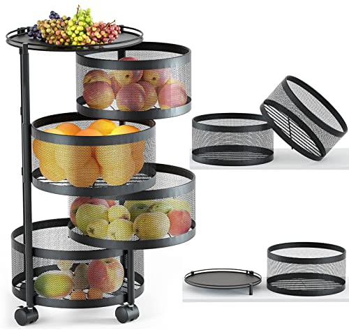 HOYRR Panier à Fruits Rotatif pour Cuisine, étagère de Rangement Ronde rotative Multicouche, étagère de Rangement pour Fruits et légumes avec roulettes et matériau métallique en Acier Inoxydable