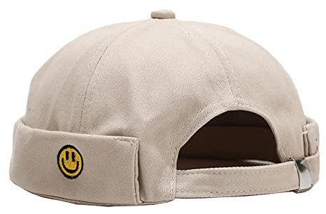 Unisex Docker Cap Mützen Skullcap Beanie Worker Sailor Cap Krempenlose Kappe Retro Gerollte Manschette Skull Caps mit Verstellbar, Smiley-Beige, One size