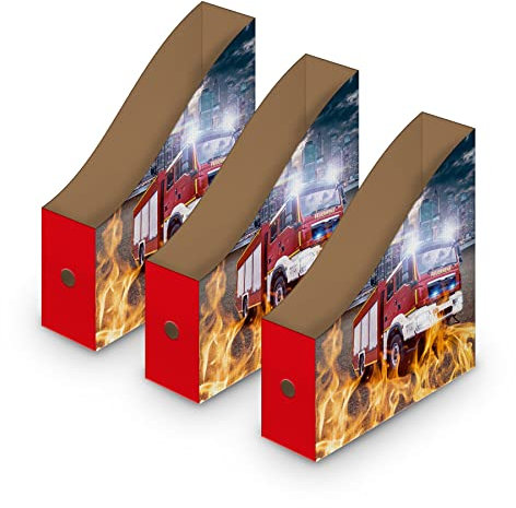itenga Stehsammler Pappe Motiv Feuerwehr für DIN A4-3er Set - Zeitschriftensammler Kartonständer Stehsammler Schreibtisch Organizer