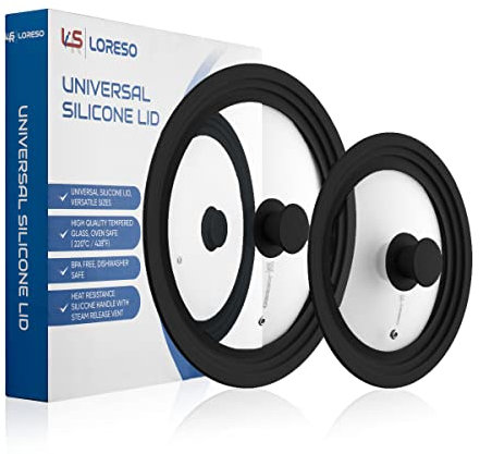 Universal-Deckel für Töpfe, Pfannen und Bratpfannen in den Größen 7, 19,5, 20,3, 22,9, 24,1, 26,7, 26,7 und 29,2 cm Kochgeschirr – Deckel aus gehärtetem Glas mit Silikonrand (2 Stück, schwarz)