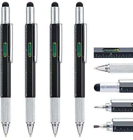 Bolígrafo Multitool Pen de 4 piezas con recarga adicional, 6 en 1 multifunción con regla y indicador de nivel, dispositivo genial para hombres, regalo para esposo papá padre (Negro)