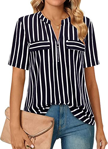 Amrto Damen Longbluse Kurzarm Tunika Tops V-Ausschnitt Blusen Damen Oberteile Reißverschluss Longshirt A Form T-Shirt Arbeit Hemd Große Größen Business Shirt Schwarz Gestreifte L