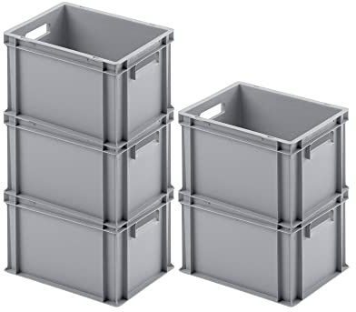 SparSet 5x Eurobehälter mit offenem Griff | HxBxT 23,5x30x40cm | 22 Liter | Grau | Eurobox, Transportbox, Transportbehälter, Stapelbehälter