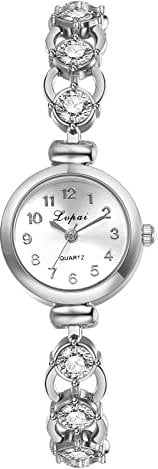 JewelryWe Armbanduhr Damen Elegant Schmale Analog Quarz Beiläufige Uhr Damenuhr mit Strass Metall-Armband Silber