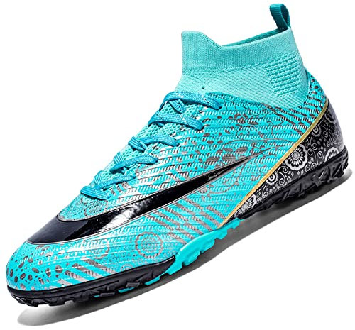 VTASQ Fußballschuhe Herren High Top TF Kunstrasen Fussballschuhe Kinder Jungen Trainingsschuhe Professionelle Athletics Outdoor Sport Turf Football Schuhe Unisex Türkis 44 EU
