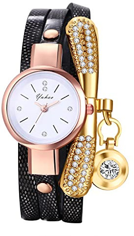 JewelryWe Uhren Damen Analog Quarz Armbanduhr Retro Geschichtet Wickelarmband Damenuhr Strass Diamant Verstellbar Leder Armband Lässige Uhr für Frauen Schwarz
