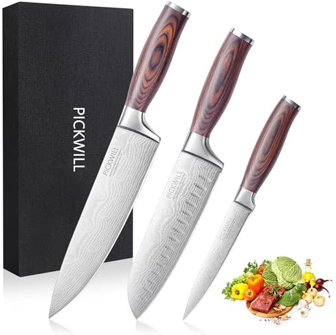 PICKWILL Küchenmesser Set, 3-teiliges Küchenmesserset, Scharfe Messer mit Ergonomischem Pakkawood Griff, Messerset für die Küche, High Carbon Edelstahl, Japanische Kochmesser mit Geschenkbox