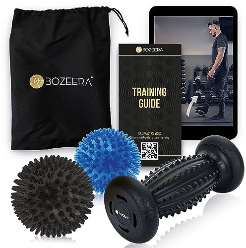 Bozeera Fußmassage Roller & Igelbälle 3er - Fußroller, Plantarfasziitis | 1x Fußroller & 2x Igelball (Massageball Noppen) für Plantarfasziitis, Triggerpunkt & Fußmassage inkl Video Poster & Tasche