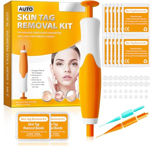 Skin-Tag-wart-Remover Kit, 2 In 1 Auto Skin-Tag-Mole-Removal Pen,Painless & Fast & Easy & Safe Clear Skin Tag & Mole for Small to Large(2-8mm) for All Body Parts, 40 Removal Bands & 10 Cleansing Wipes