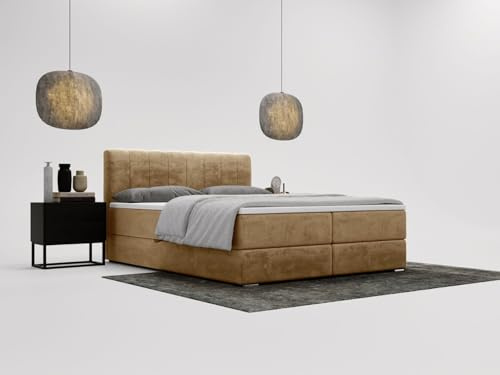 GRAINGOLD Forte Bett 180x200, Boxspringbett mit Bettkasten, Polsterbett mit Bonell-Matratze, Samt Stoff, mit Topper, mit Kopfteil (Beige, 180x200)