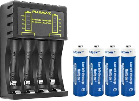 LED Display 4 Slot Battery Charger with Discharge Function for AA, AAA, Ni-Mh Ni-Cd Rechargeable Batteries, Type C and Micro USB Input(5V 2A), Fast Charging Function (4AA)