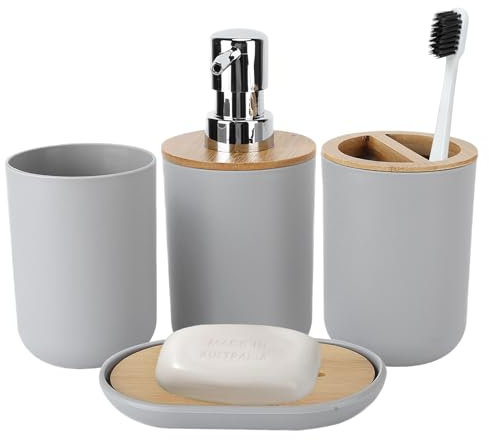 Juego de Accesorios de baño de 4 Piezas, Juego Accesorios para Lavabo con Dispensador de Jabón, Soporte para Cepillo de Dientes, Jabonera, Bathroom Accessory Set, Accesorios de Baño, Gris