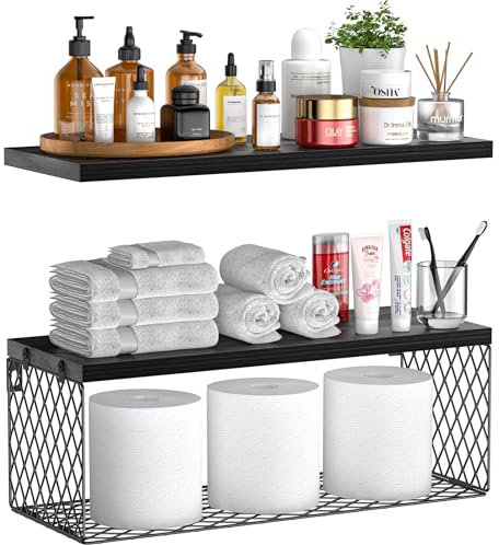 ausyde Floating Shelves Wall Mounted with Storage Basket, Bathroom Shelves for Wall,Rustic Wood Shelves for Bedroom,Living Room,Kitchen,Wall Decor,Plants,Books (Black)