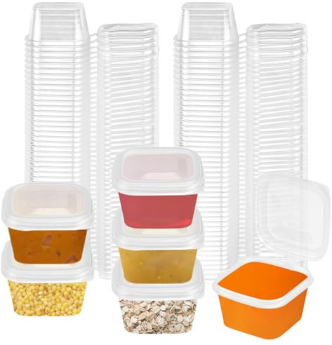 ADERTOS 100 macetas de salsa con tapas, 25 ml, tazas de salsa con bisagras, macetas cuadradas para alimentos, macetas pequeñas transparentes reutilizables para chupitos de gelatina, vasos de plástico