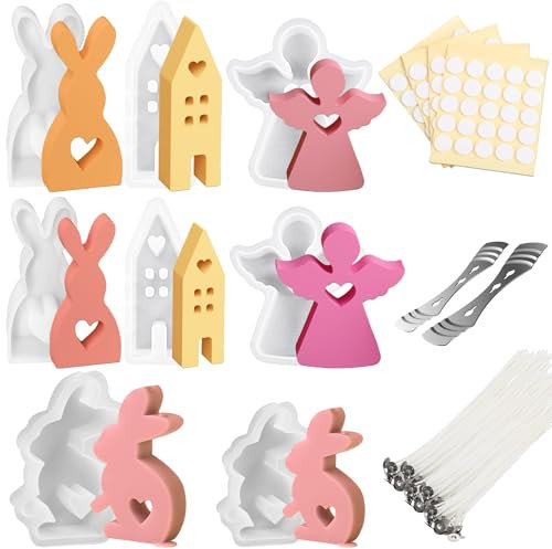 TZEKING 220 Pezzi Stampi in Silicone Per Conigli Pasquali,8 Stampo in Silicone Coniglietto Pasquale+200 Stoppini+2 Supporti+10Adesivi,Stampi in silicone per realizzare decorazioni pasquali