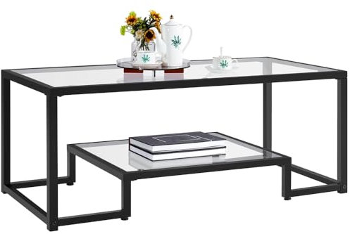 Yaheetech Mesa de Centro de Cristal Templado 106×50×45 cm Mesa de Café con Revistero Mesa Baja de Dos Niveles Rectangular para Sofá Negro