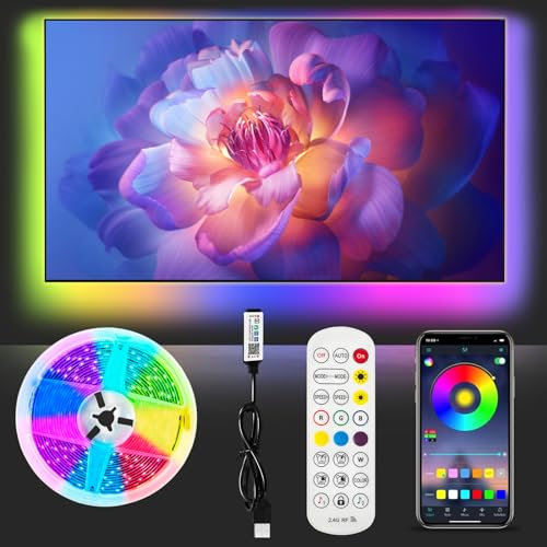 LED TV Hintergrundbeleuchtung, 5M LED Streifen RGBIC LED Fernseher Beleuchtung für 75 bis 85 Zoll TV und PC, mit App-Steuerung und Upgrade 2.4G RF Fernbedienung, Music Sync, USB betrieben